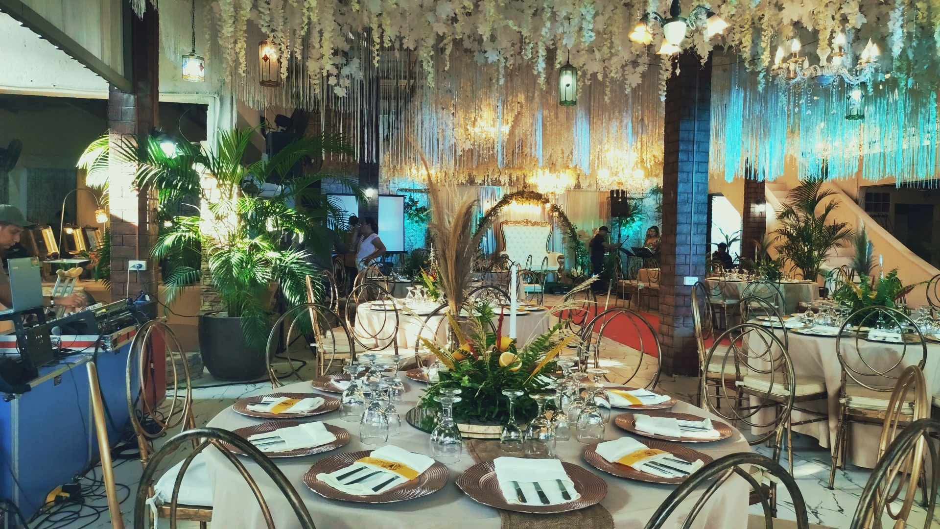 Elegant Alba Catering wedding reception with floral chandelier styling