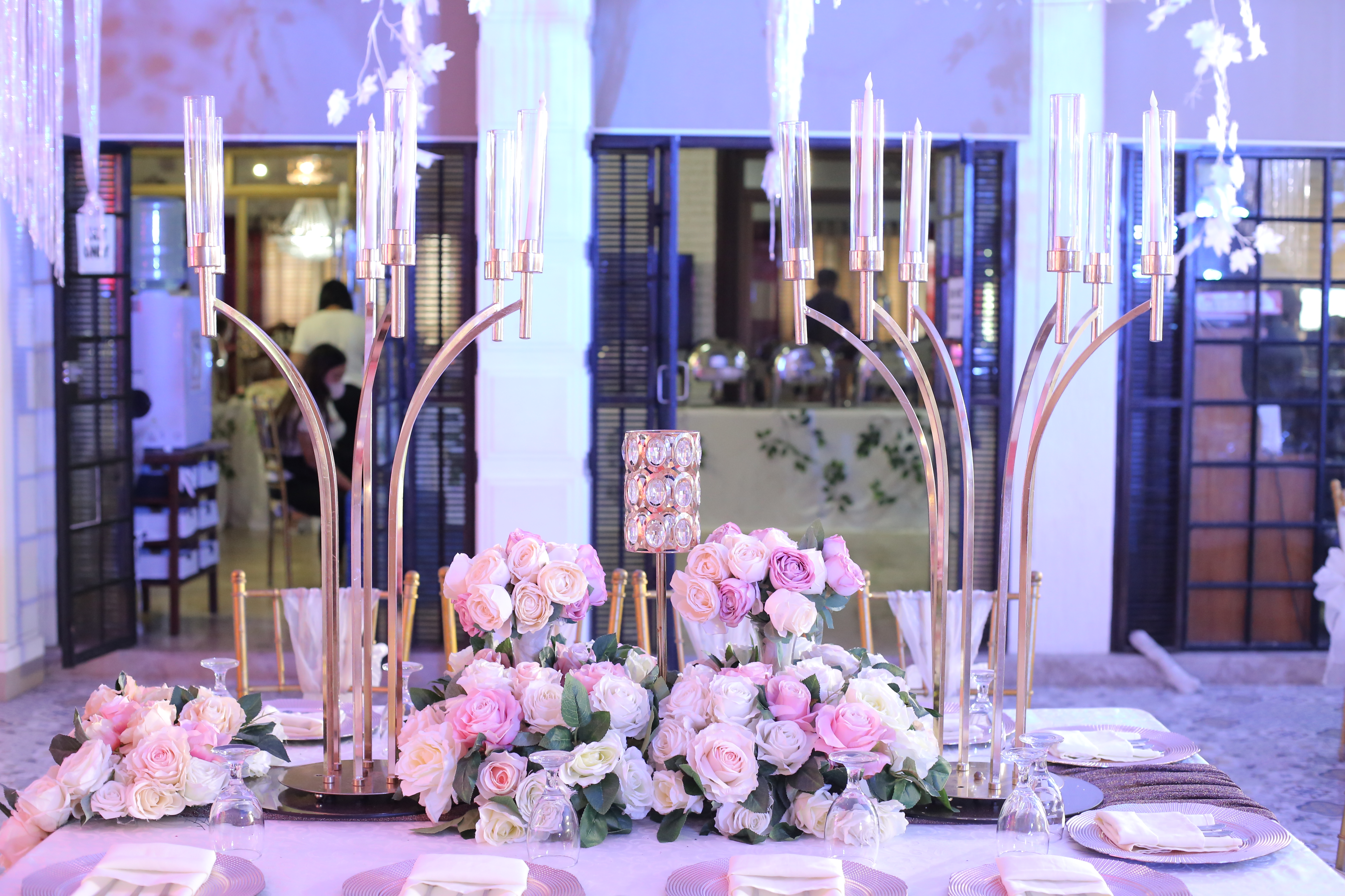 Blush reception wide shot with chiavari chairs