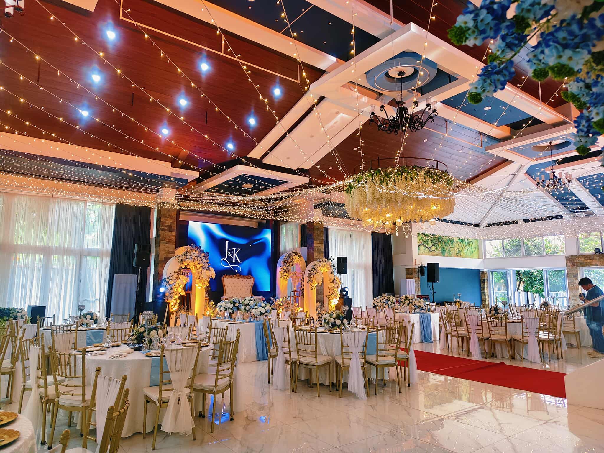 Elegant blue and gold wedding reception styled by Alba Catering